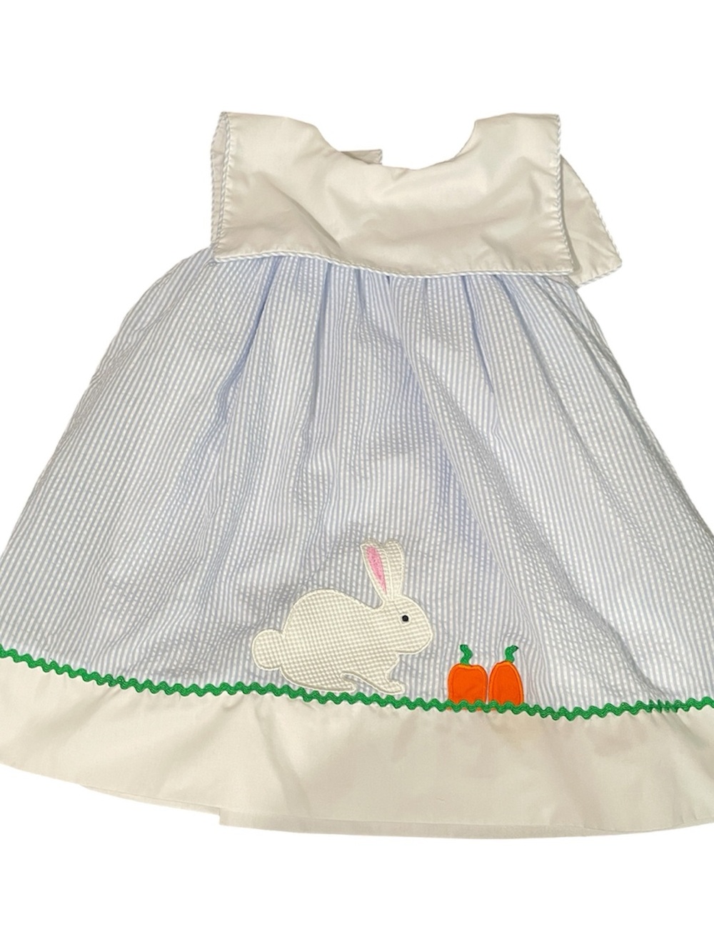 Smockingbird Children's Bunny & carrot striped Dress - White & Light Blue